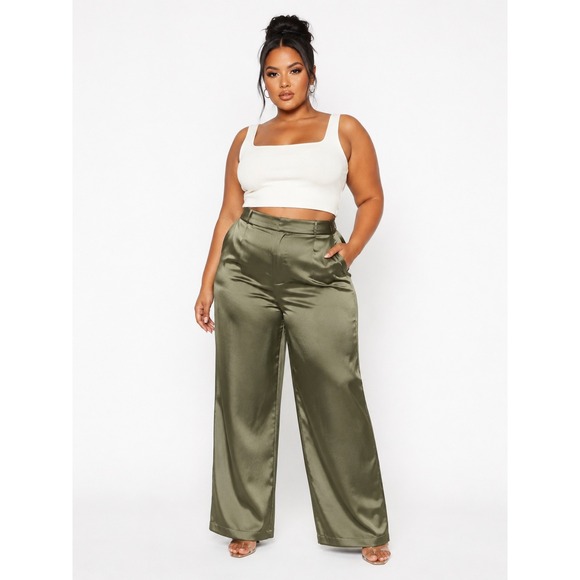 PrettyLittleThing Pants - PrettyLittleThing Plus Olive Satin Wide Leg Trouser US L NWT